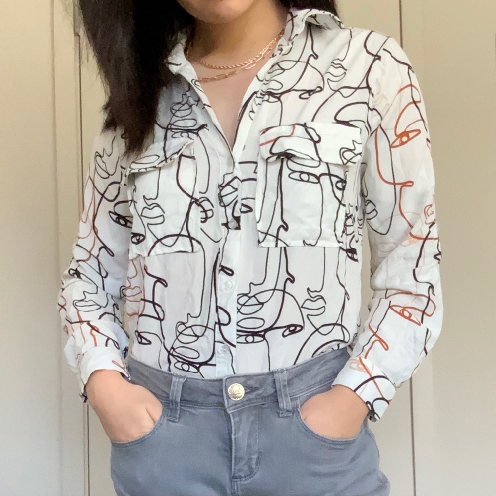 Face Line Art Print Button Up Blouse